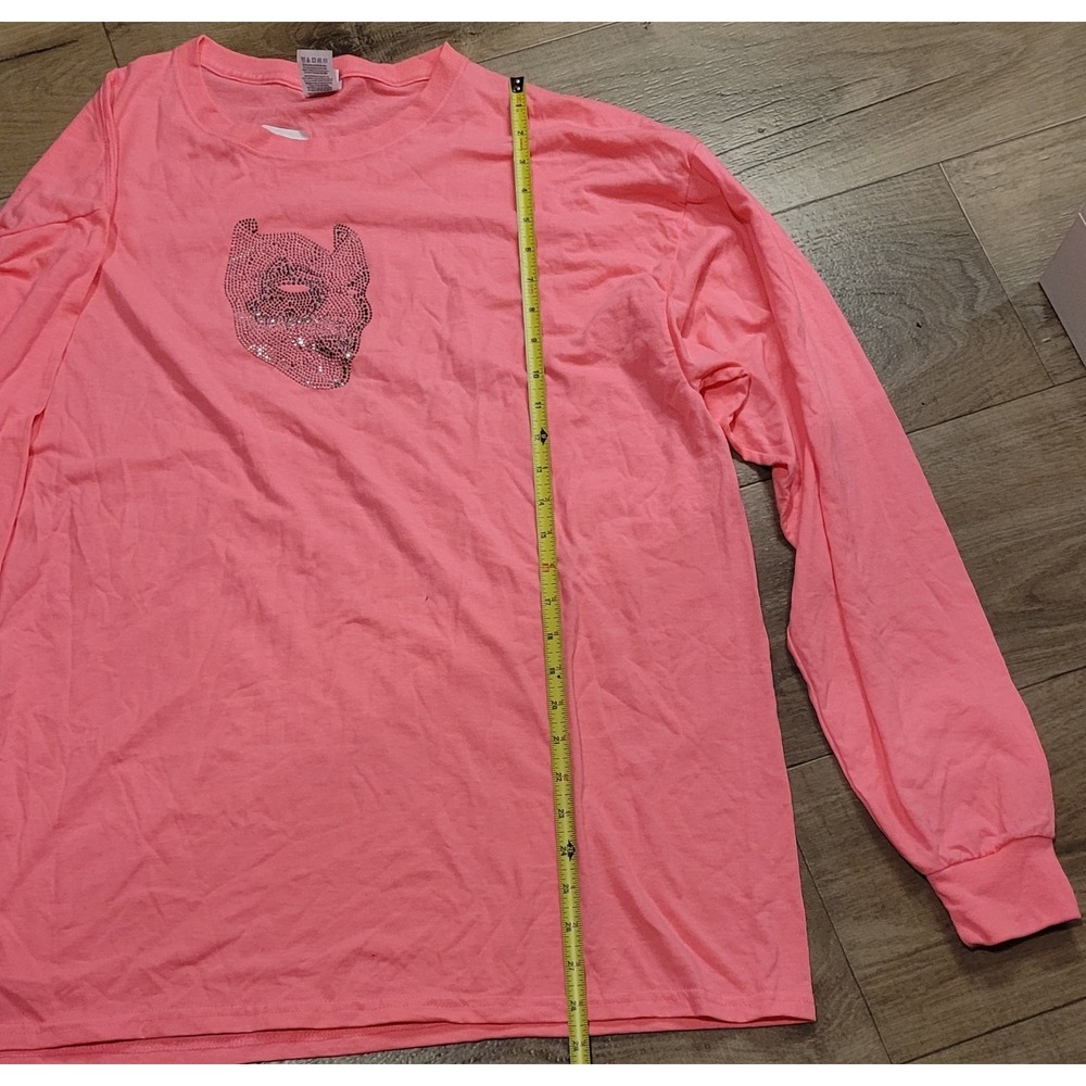Fruit of the Loom HD Cotton Pink Rhinestone Long Sleeve T-Shirt XL Mardi Gras